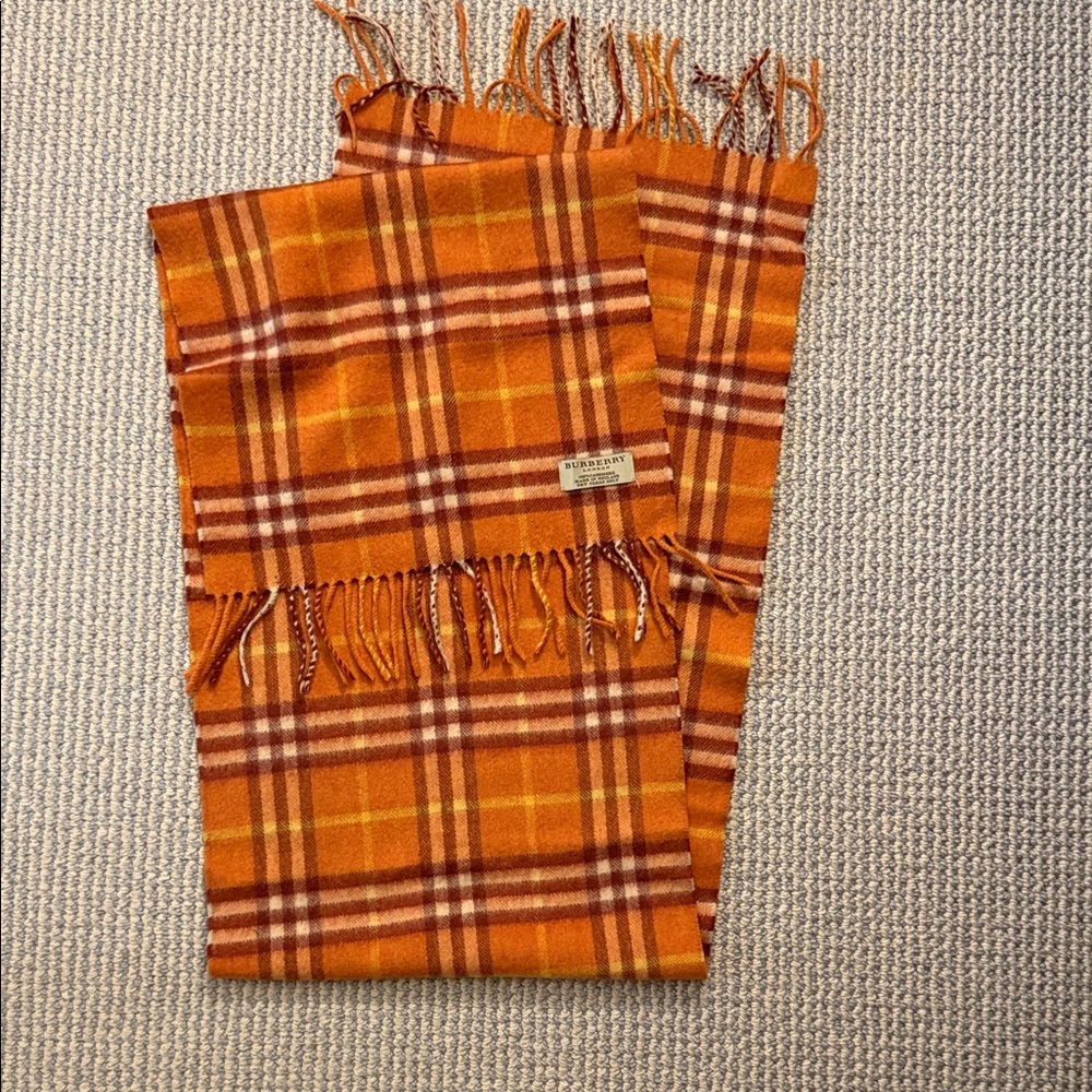 Burberry of London 100% cashmere Orange Plaid Scarf with Fringe